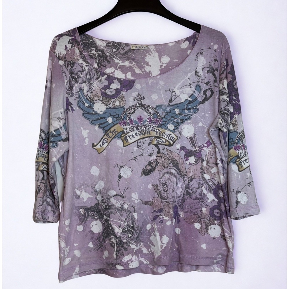 Y2K Baby Tee XCIT USA Womens Top Plus Sz 1X Square Neck Crop Studded 3/4 Sleeve